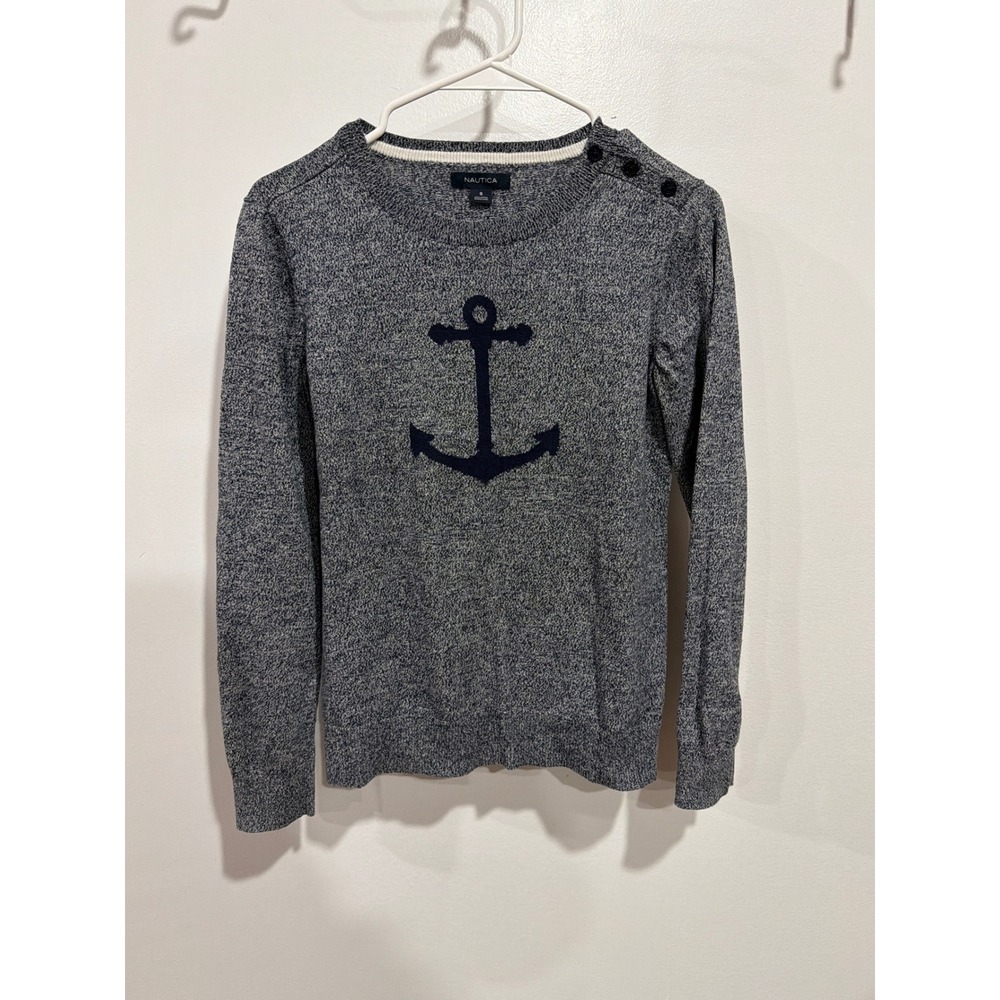 Nautica Womens Navy Marled Anchor Graphic Sweater Button Shoulder Hamptons S Sea